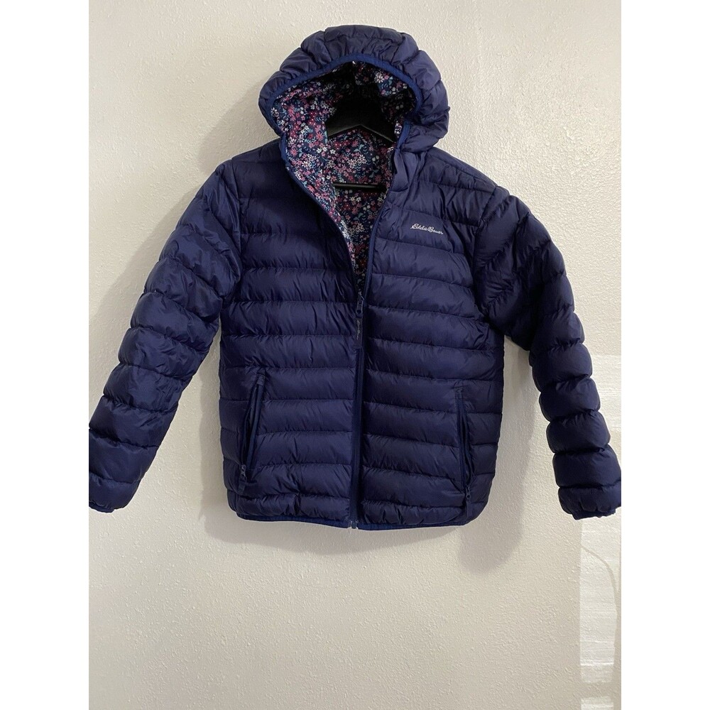 Eddie Bauer Girls Blue Floral Reversible Puffer Jacket L Down Fill Coat